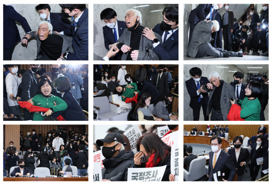 (왼쪽 위부터)지난 17일 국회에서 열린 '용산 이태원 참사 진상규명과 재발방지를 위한 국정조사특별위원회' 전체회의에서 이종철 10·29 이태원 참사 유가족협의회 대표 등 유가족들이 보고서 의결에 반대하는 여당에 항의하며 오열하고 있다. (마지막줄 가운데) 17일 국회 본청 앞에서 열린 10.29 이태원 참사 국정조사 결과보고서 채택 및 독립적 진상조사 촉구 기자회견에서 유가족들이 눈물을 훔치고 있다. (마지막줄 오른쪽) 여당 소속 특위 위원들은 이날 보고서 의결에 앞서 퇴장하고 있다. 연합뉴스